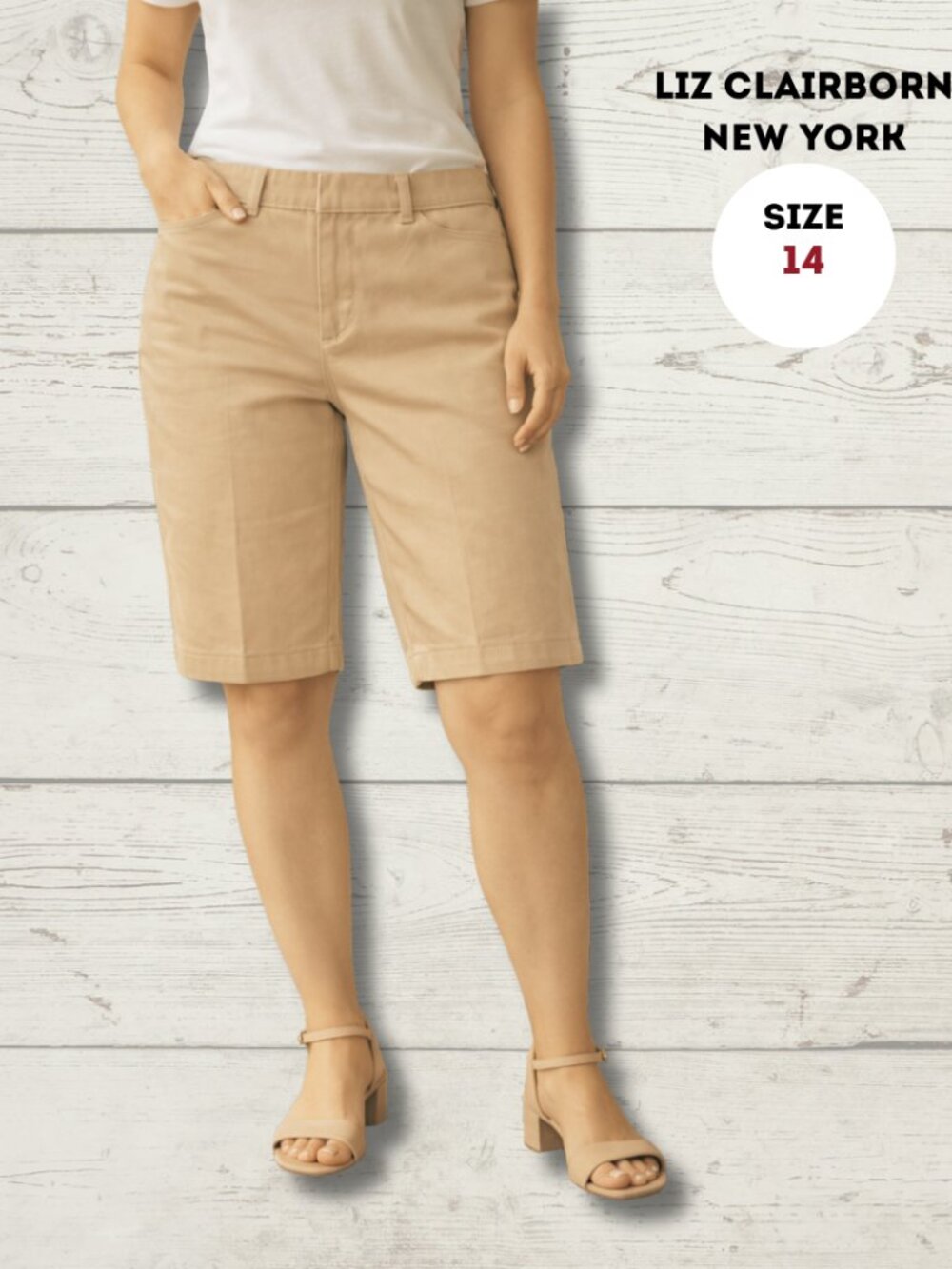 Liz Claiborne New York Beige Bermuda Shorts | Size 14 | Cotton Stretch | Classic